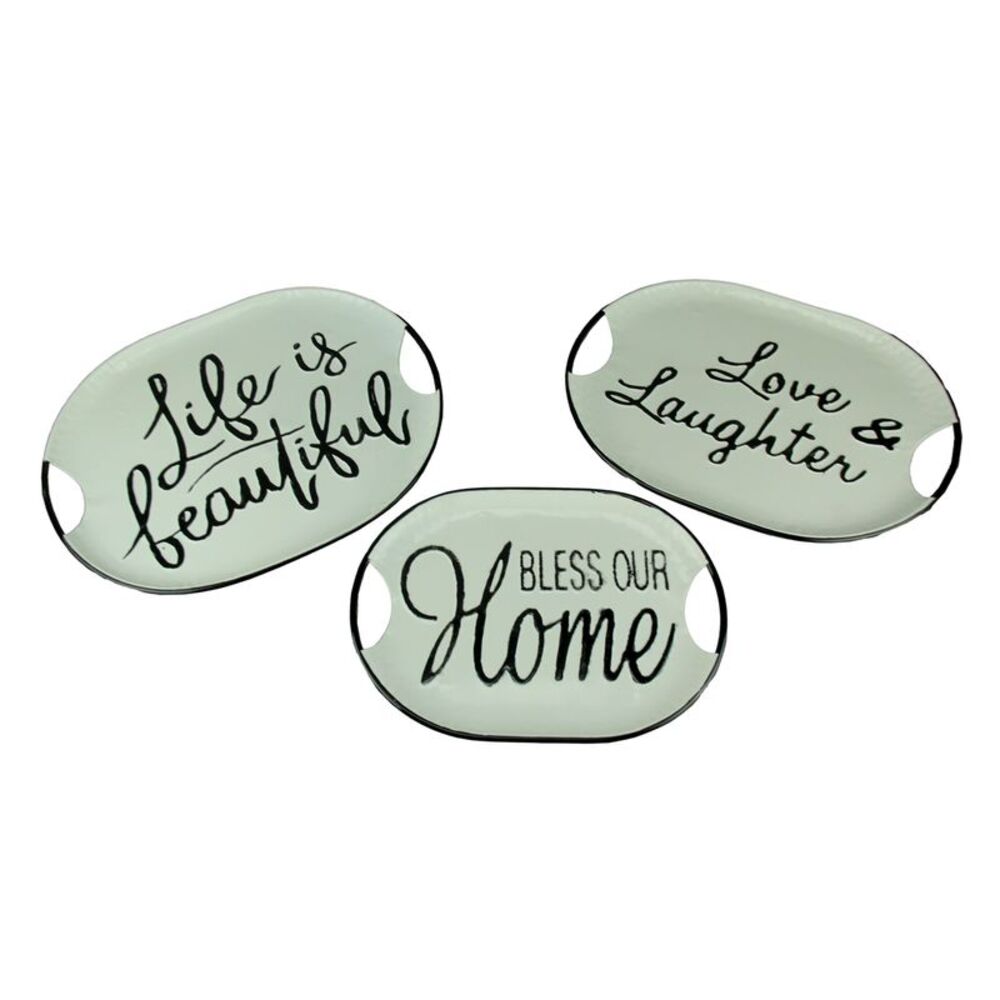 Black and White Decorative Metal Trays With Life Love and Home Wording Set of 3